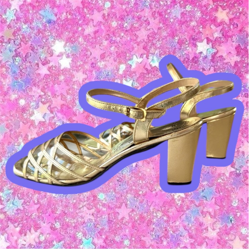 Gold Strappy Block Heel Sandals for Women